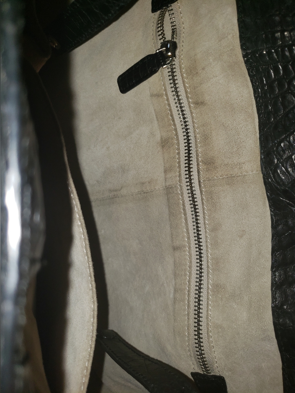 Genuine Caiman Crocodile Skin Large Black Tote Cream Suede Lining Handbag - Picture 13 of 16